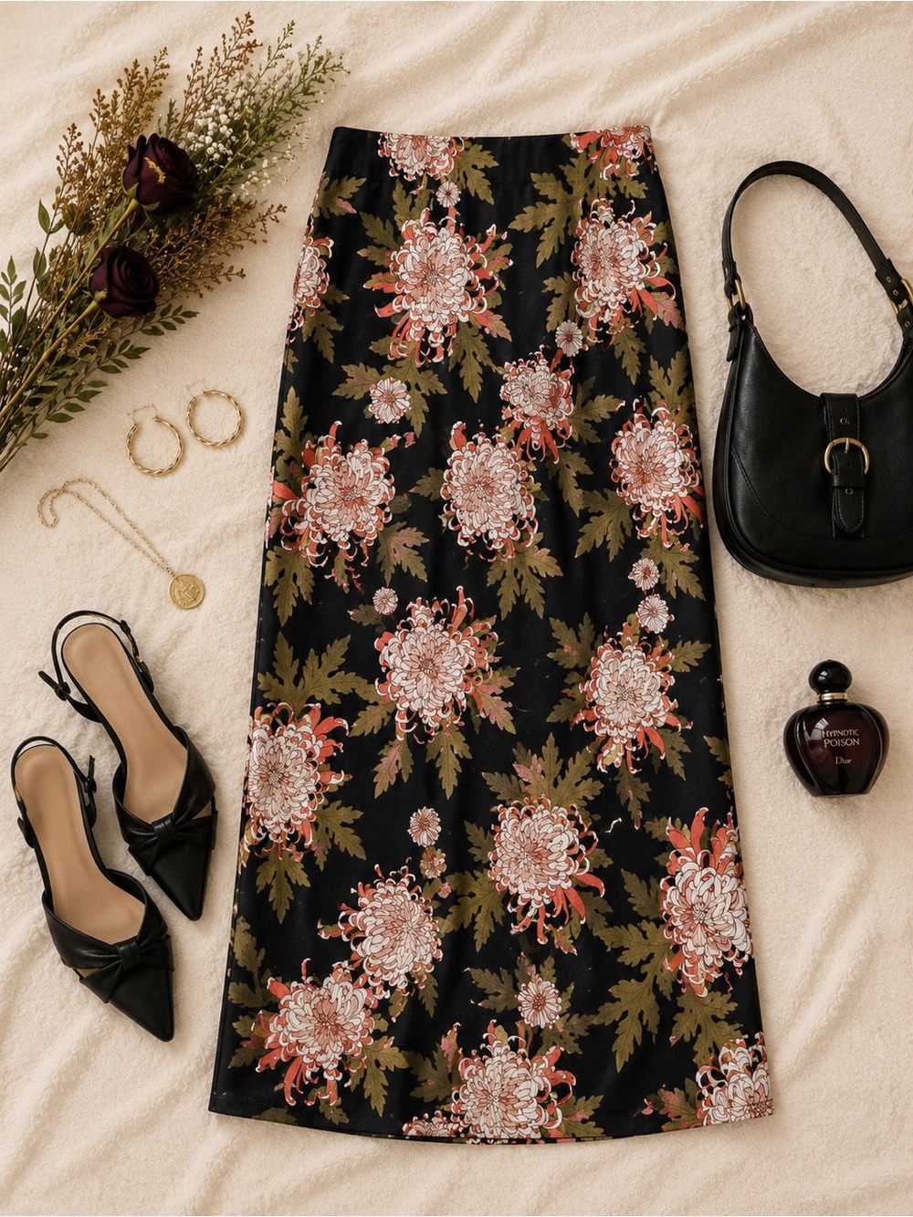 Adrianna Papell XL Black Floral Midi Skirt